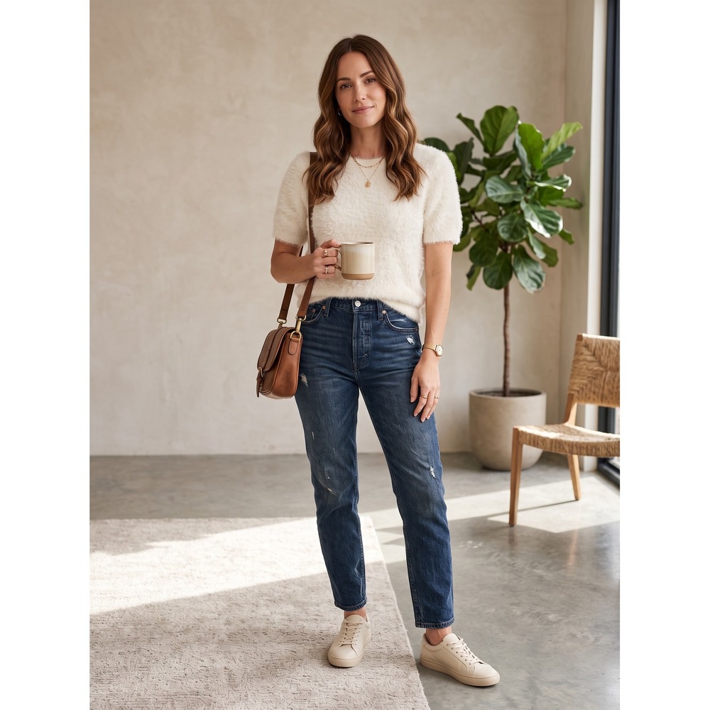 By Anthropologie XS Ivory Fuzzy Eyelash Knit Short Sleeve Sweater Top